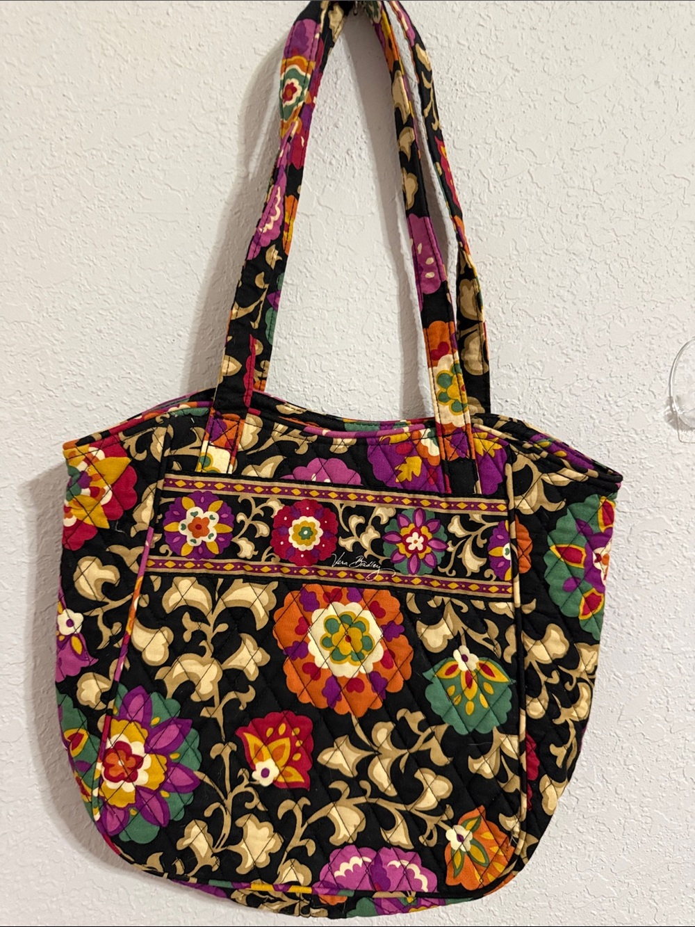 Vera Bradley Black Floral Quilted Tote with Purple, Orange & Green Accents